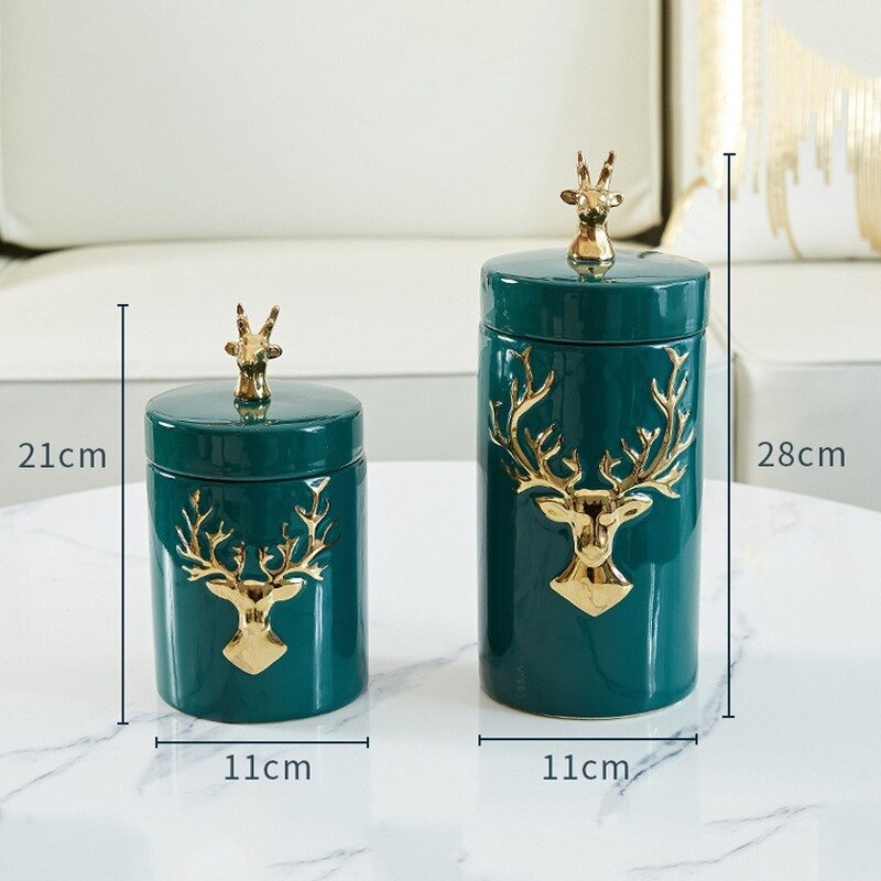 European-style Ceramic Deer Head Storage Jar Green Golden Deer Decoration Household Candy Jar Kitchen Storage Container