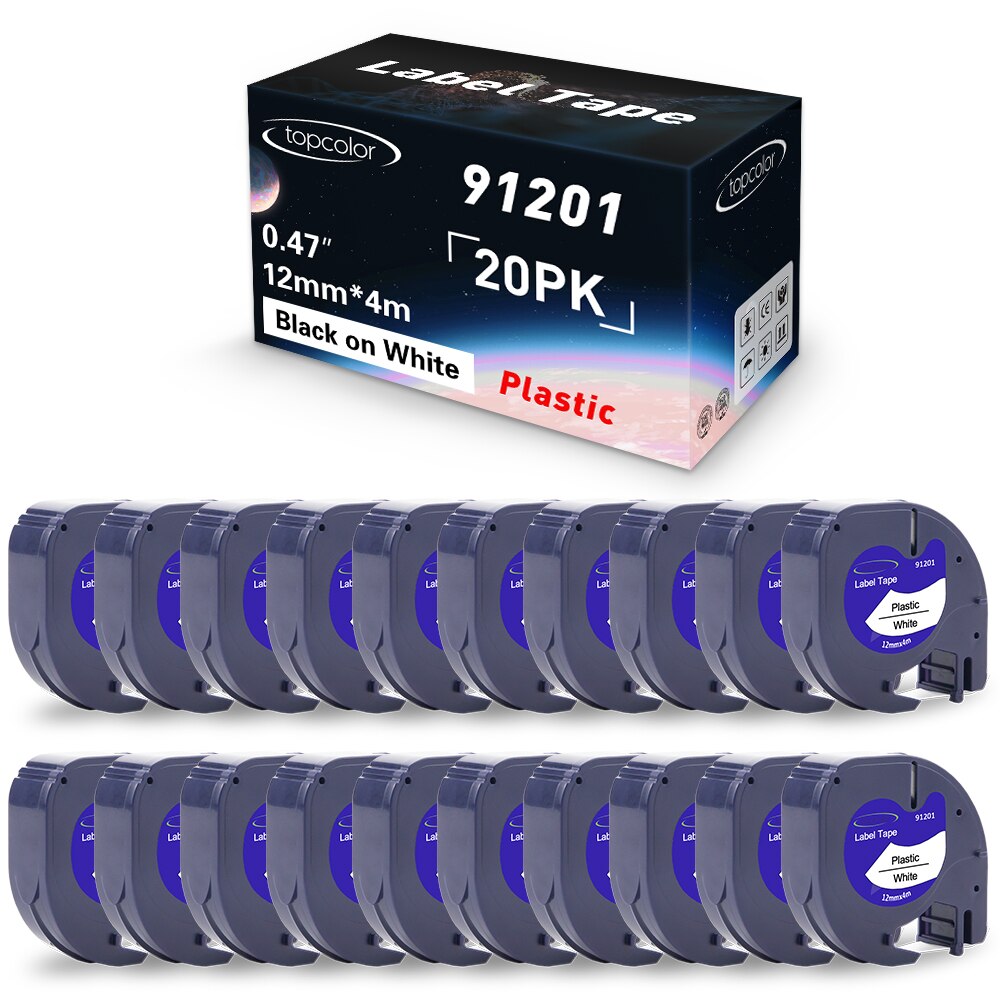 20PK Label Tape 12mm*4m Compatible Dymo Letratag Tape LT 12267 Black on Clear Transparent Sticker for Dymo Labeling Machine 100H: 20PK 91201