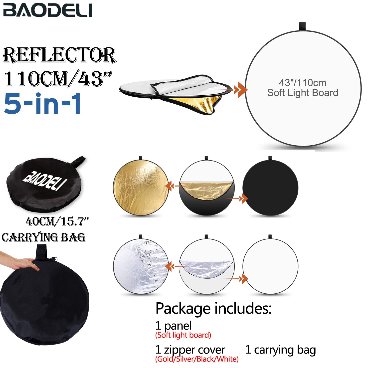 90x120cm 5 in 1 Portable Collapsible Light Oval Photography Reflector for Studio Multi Photo Outdoor studio reflector: Round 110cm