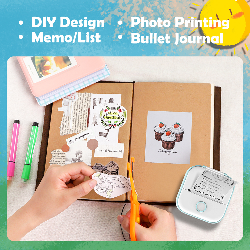 T02 Portable Printer Phomemo Mini Sticker Printer Self-adhesive Labels Inkless Sticker Printer for Journal, Notes, Photo, DIY