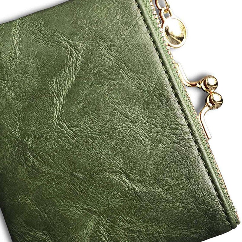 Vrouwen Portemonnee Korte Bifold Retro Multifunctionele Portemonnee Met Zip En Kus Lock Groene Pu Leer Vrouwelijke Korte Portemonnees