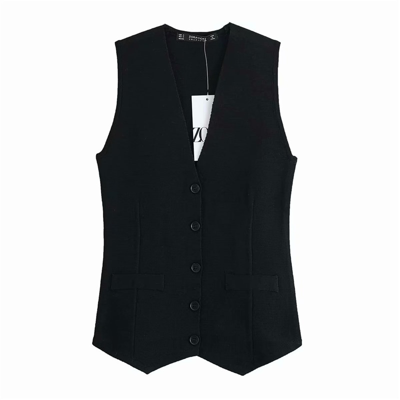 Elegante Frauen Geschmack Mantel Weste Damen V-ausschnitt Taille-Gesteuert Panzer Streetwear Weibliche schick Feste Schwarz Weste: M