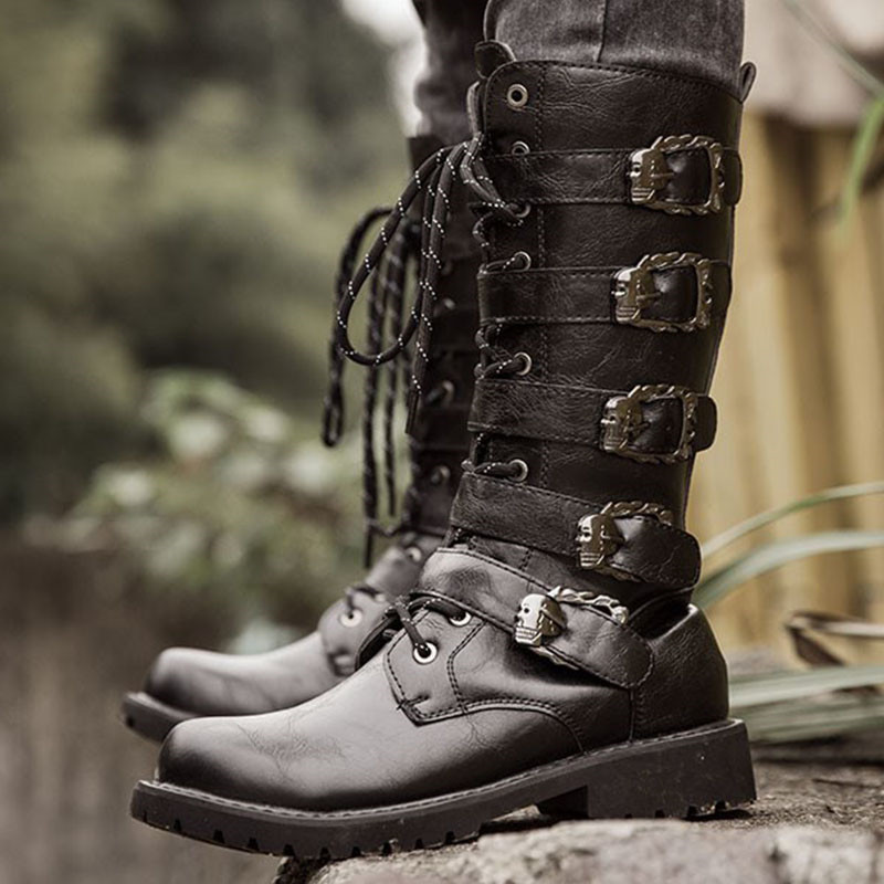 botte chaussures hommes chaussure moto homme boots homme Bottes hautes Punk noires mi-mollet pour hommes, chaussures Vintage à plateforme en métal, confortables, antidérapantes, pour moto en plein air, grande taille: 42
