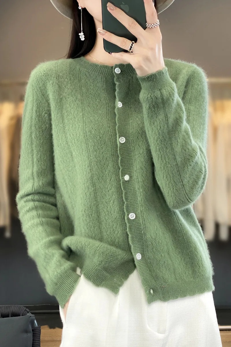 100% cárdigan abierto suelto de lana pura para mujer Otoño Invierno estilo ropa externa Top perezoso cuello redondo suéter de punto de manga larga: L / YELLOW