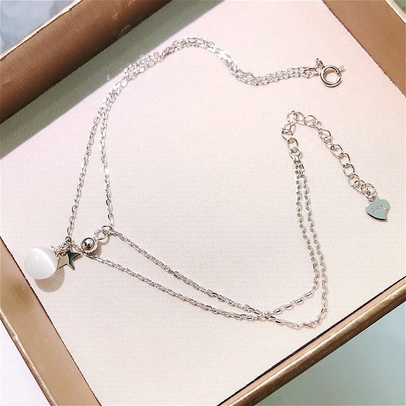 Tobillera exquisita de Plata de Ley 925 con colgante de ópalo, luna y estrella, cadena cruzada de doble capa, modificación de tobillo de verano