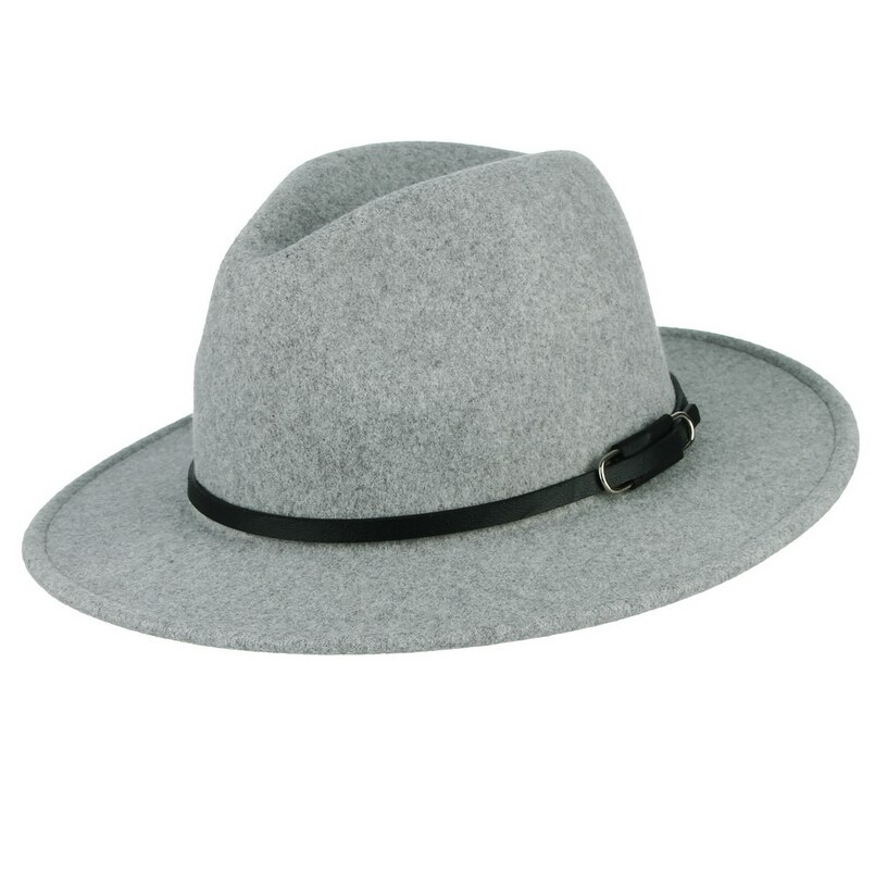 Gemvie bredskygget uld fedora filthat til kvinder varm efterår vinter panama hat jazz kasket med spænde læderbånd: Grå 1