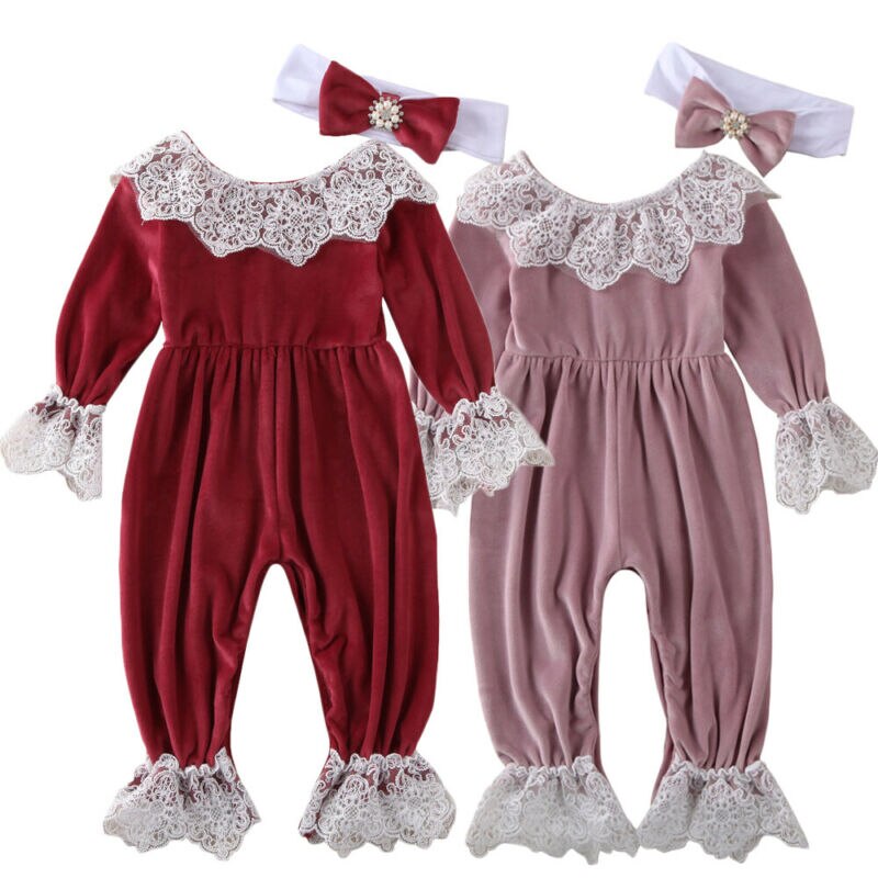 0-24M Säuglings freundlicher Baby Mädchen Jungen Strampler Samt Spitze Langarm Overall Kleidung Stirnband 2 stücke