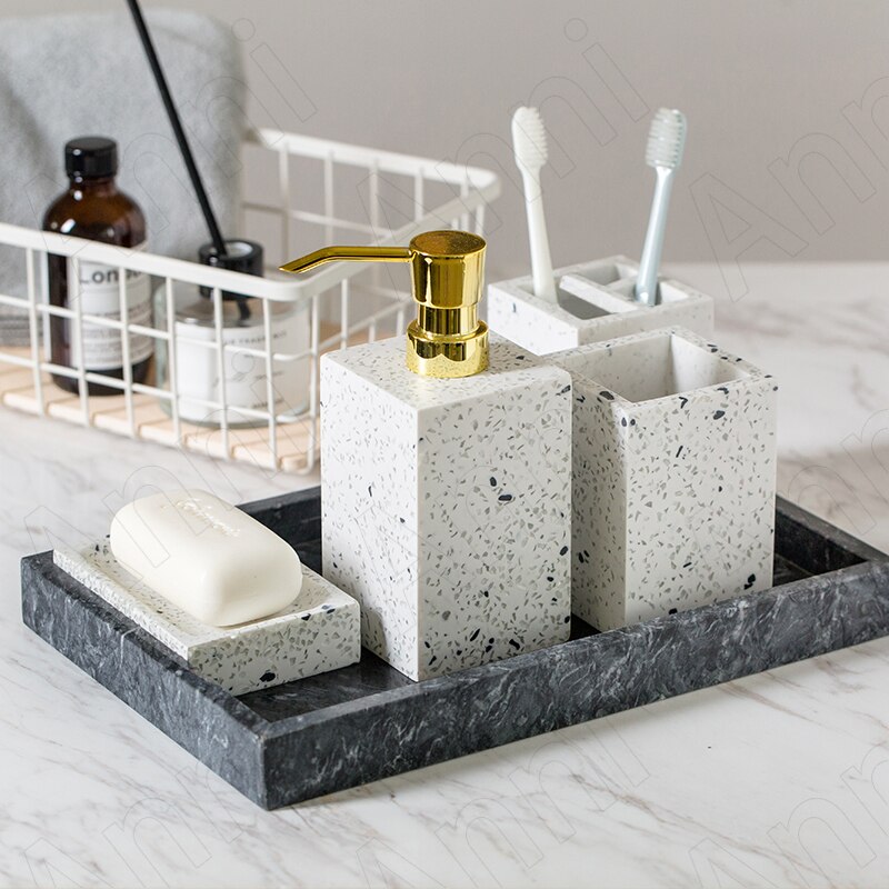 Blue Terrazzo Painted Bathroom Accessories Set Ceramic European Modern Household Four-piece Toothbrush Holder Soap Dish
