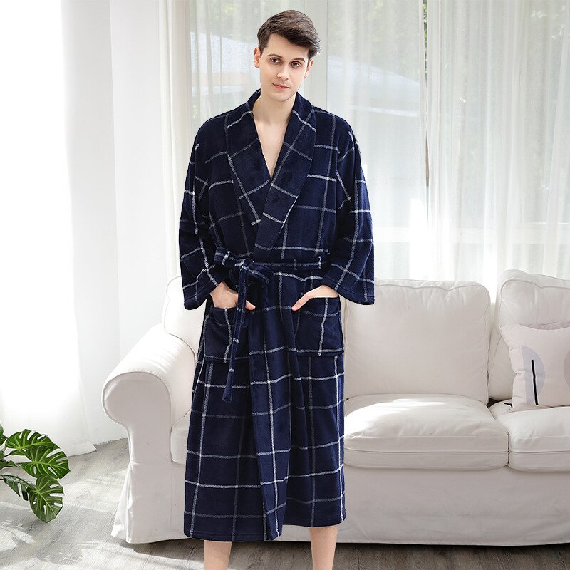 albornoz hombre kimono hombre Los de invierno Albornoz ropa de dormir pareja de franela gruesa de terciopelo traje de baño homewear con cinturón: Navy Grid / XXXL