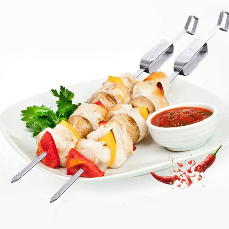 Stainless Steel Grilling Skewers with Quick Release Metal Sliding Handle Reusable BBQ Sticks for Meat and Veggies