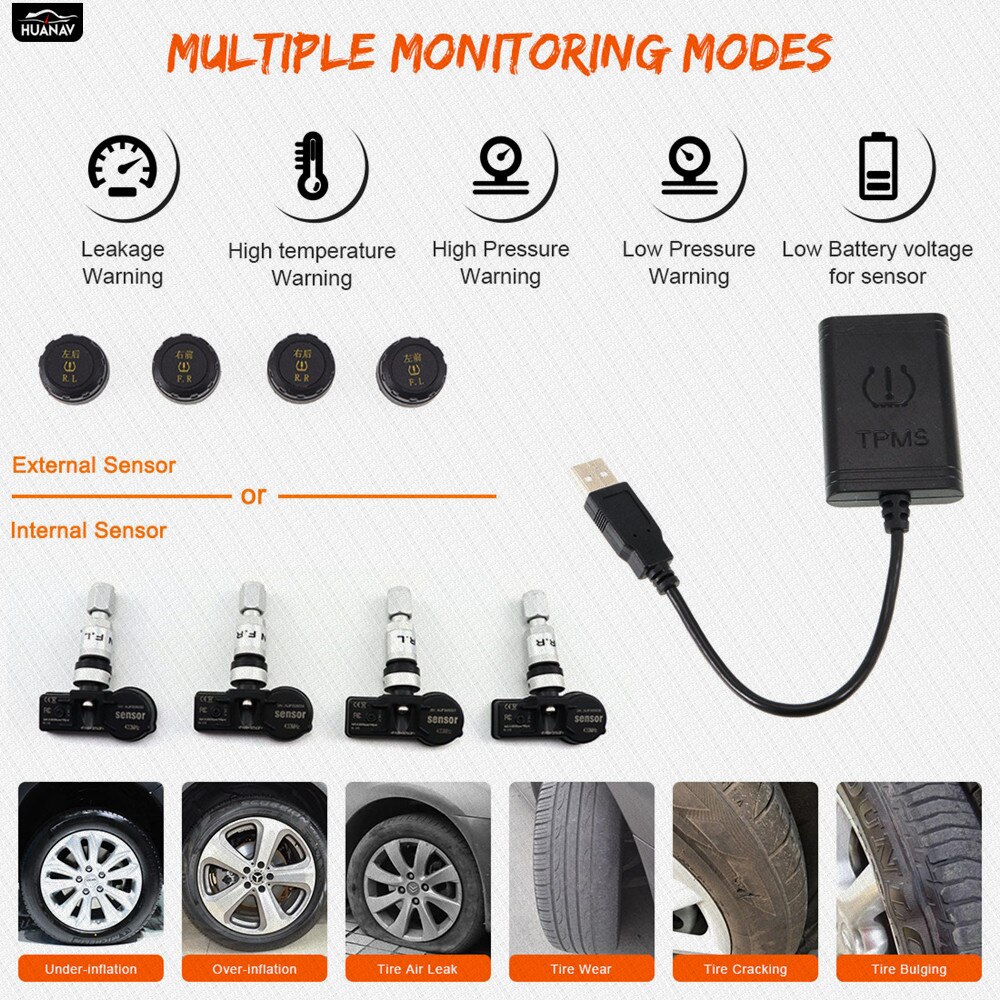 HUANAV USB Android TPMS Tire Pressure Monitoring System Display Alarm System 5V Internal Sensors Navigation Car Radio 4 Sensors