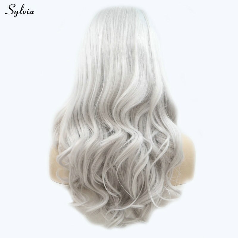 Sylvia Silver Gray Wig Body Wave Natural Long Hair Synthetic Lace Front Wigs for Women Girls Replacement Platinum/Light Grey Wig