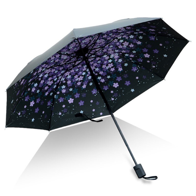 Kvinder bærbar folde blomster trefoldelig paraply solrig og regn vindtæt uv holdbar parasol paraply: Lilla sakura