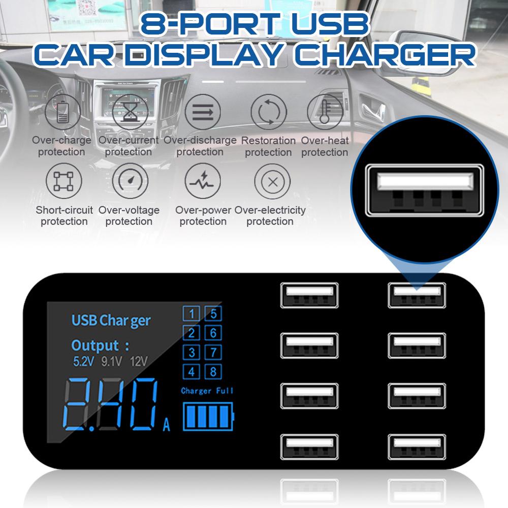 Multi-Port Usb Charger Voor Auto 8-Poort Auto Aansteker Opladen Station Hub Met Lcd-scherm