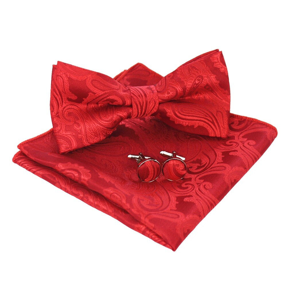 Jemygins originale menns bowtie lomme firkanter mansjettknapp sett paisley blomster vin rød sløyfe hanky sett til bryllupsfest