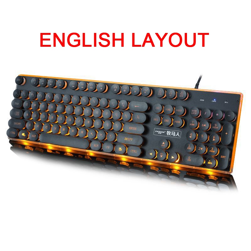 Steampunk Retro Gaming Keyboard Russian/English Layout Round Keycap Backlit USB Wired Glowing Metal Panel Crystal Border: English Orange