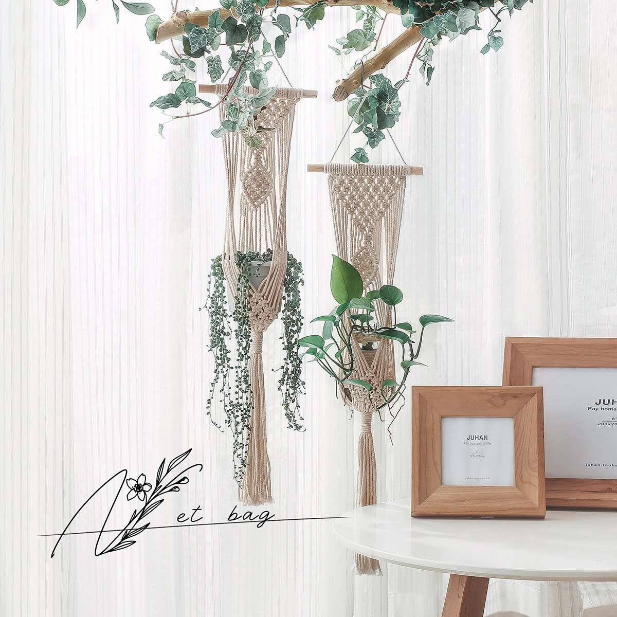 Tapiz de plantas de macramé bohemio, decoración de pared para sala de colgar, decoración de pared colgante, decoración de granja, cuerda de pared, tapices de plantas