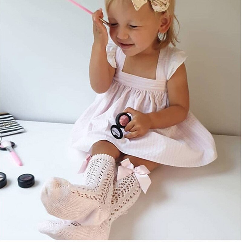 Calcetines largos con lazo para niñas pequeñas, calcetín hasta la rodilla, malla de algodón suave, estilo español, transpirables de 0 a 5 años