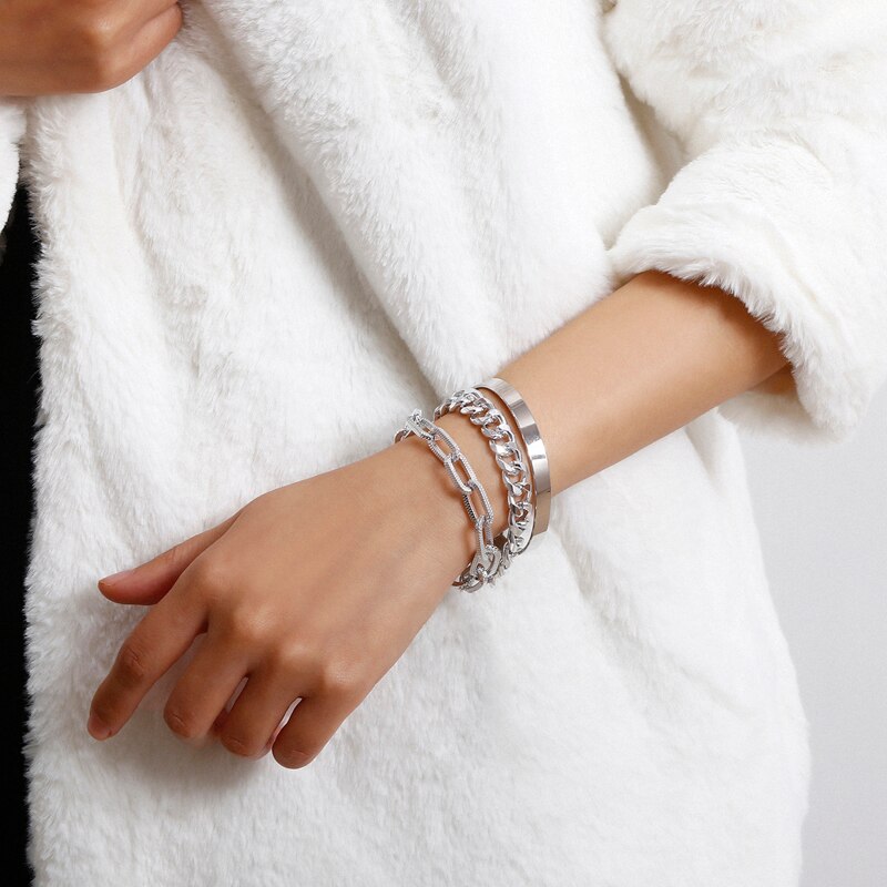 HUANZHI-Conjunto de 3 pulseras de Metal con perlas y cadena gruesa, joyería de , estilo Hip Hop, Punk,: C