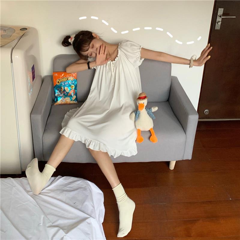 Nightgowns Women Summer Ruffles Lovely Girls Solid Nightwear Knee-length Loose Comfortable Ulzzang Basic Casual Popular Clothing: white / S