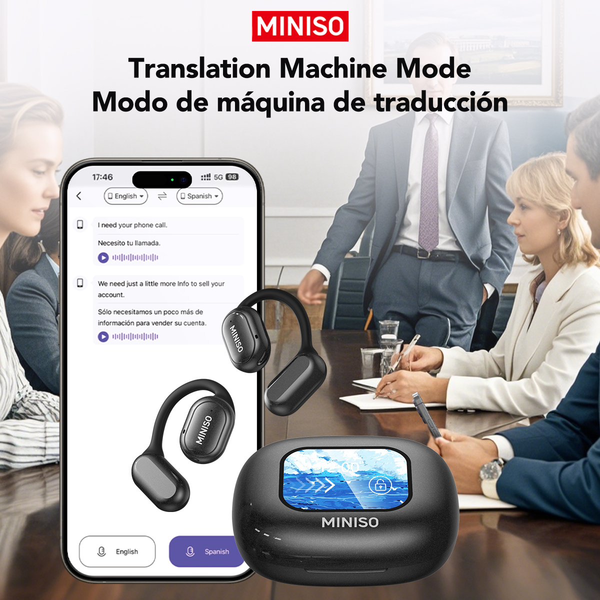 Miniso  x30 cuffie wireless auricolari bluetooth per traduzione chat cuffie ufficio viaggio, app equalizzatore traduzione in tempo reale