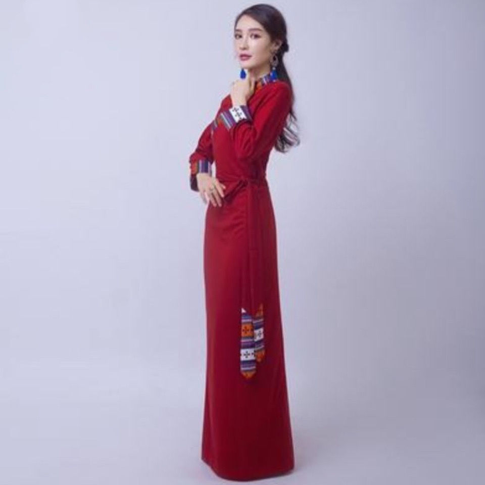 Traditional Tibetan Robe Spring Women Party Dress National Style Ladies Guozhuang Dance Costumes Tibet Performance Outfit