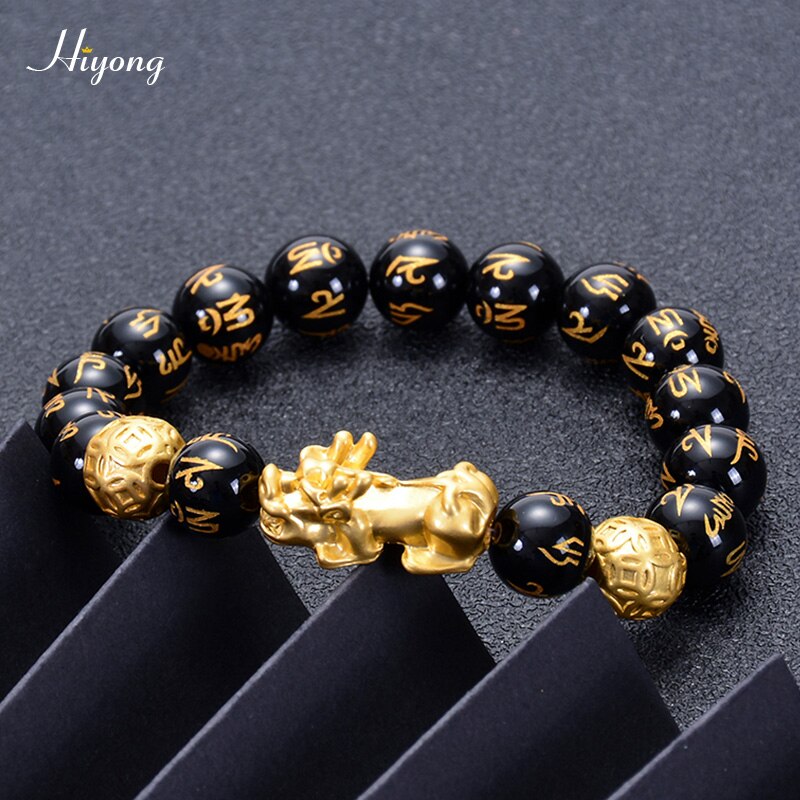 Feng shui preto obsidian grânulos pulseira de alta qualidade pixiu riqueza pulseiras para homens charme buda liga jóias