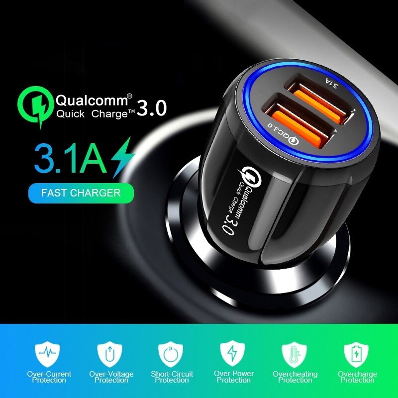 Cargador de coche USB Dual de carga rápida 3,0 2,0 para Samsung S10 Plus QC 3,0, adaptador de cargador de teléfono, cargador de coche para Xiaomi, Huawei y iPhone