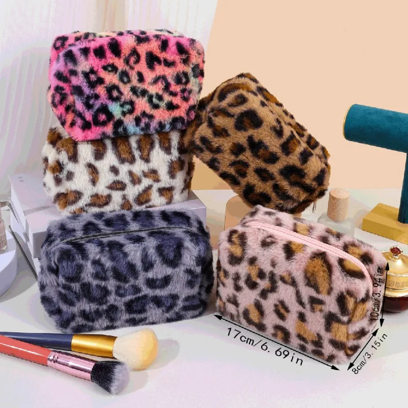 Leopard Fur Makeup Bags for Women Soft Travel Cosmetic Bag Organizer Case Lady Girls Make Up Case Necessaries Handbags Case