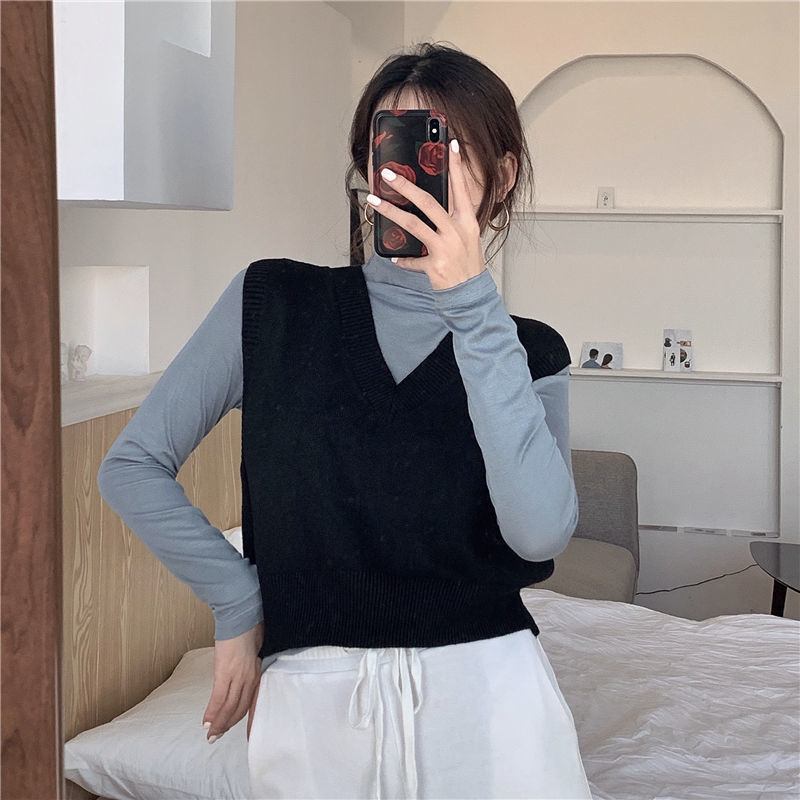 Sweater vest kvinder teenagere trendy ærmeløs tøj strikning beskåret afslappet pasform løst falder all-match solid mujer basic