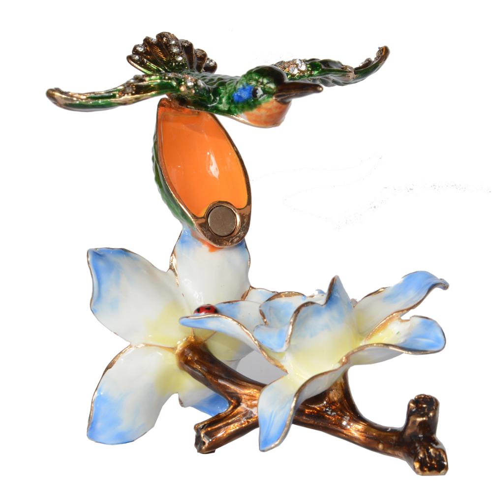 Hummingbird at Flower Trinket Box Metal Jewelry Box Bird Figurines Decoration