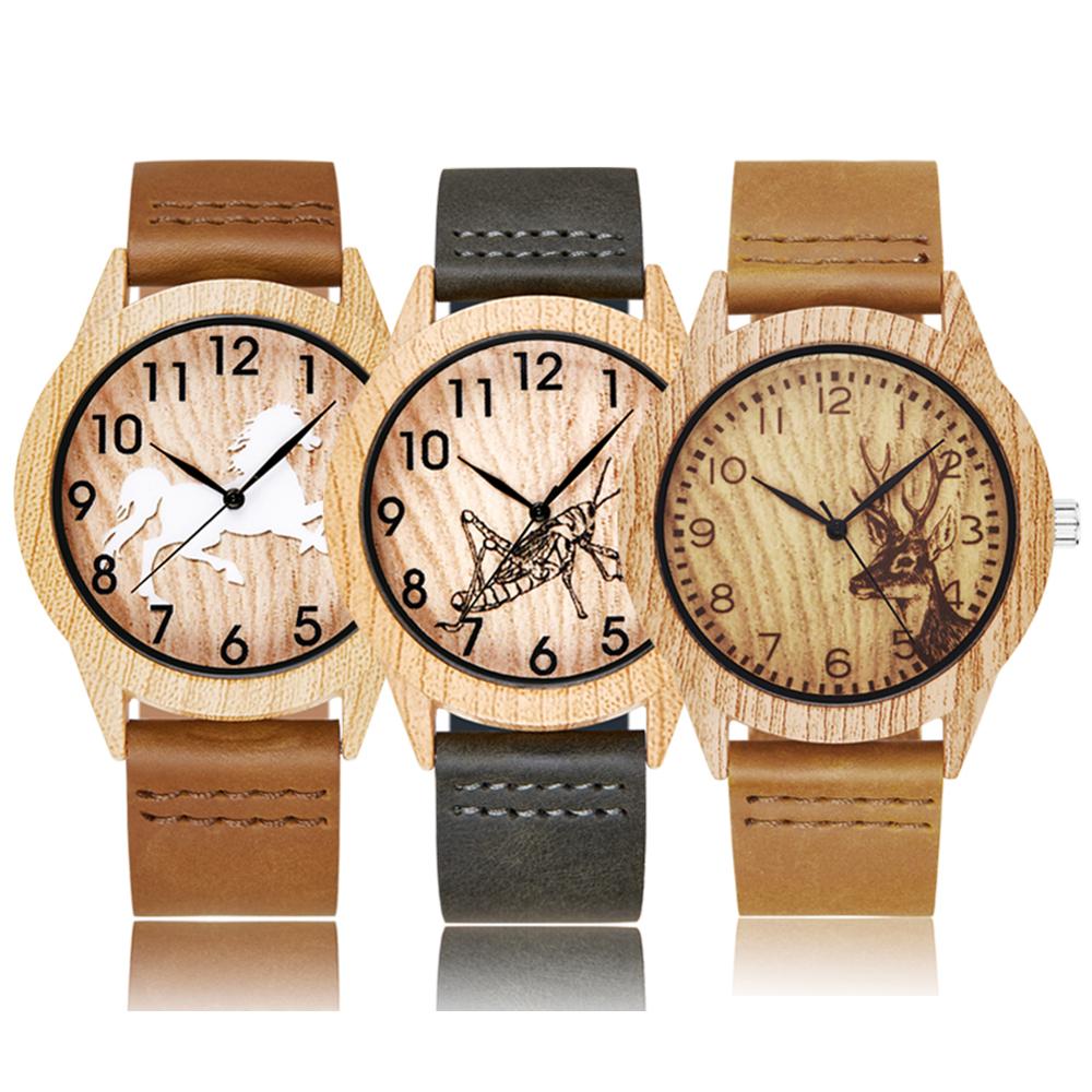 Wood Watch Men Women Couple Quartz Imitation Bamboo Wooden Male Animal Horse Watch Watches Leather Wrist Clock Reloj