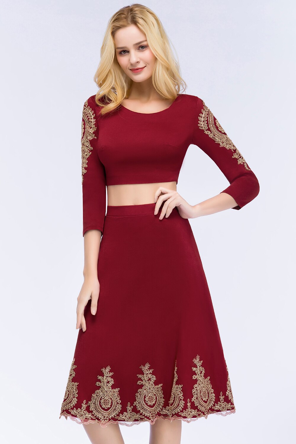 Babyonline Two Piece Burgundy Lace Short Evening Dress Robe de Soiree Courte Evening Gowns Vestido de Festa