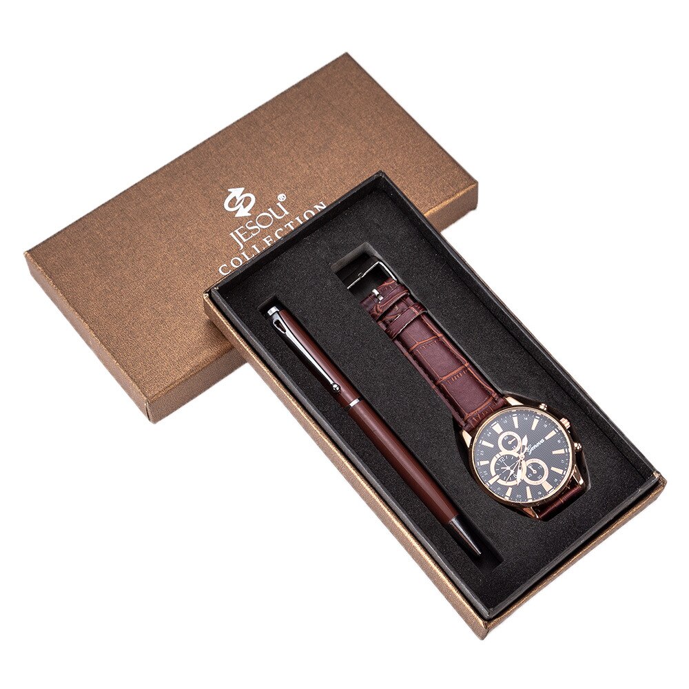 Men's Set Beautifully Packaged Watch + Pen Set Combination Set: Brownish Black