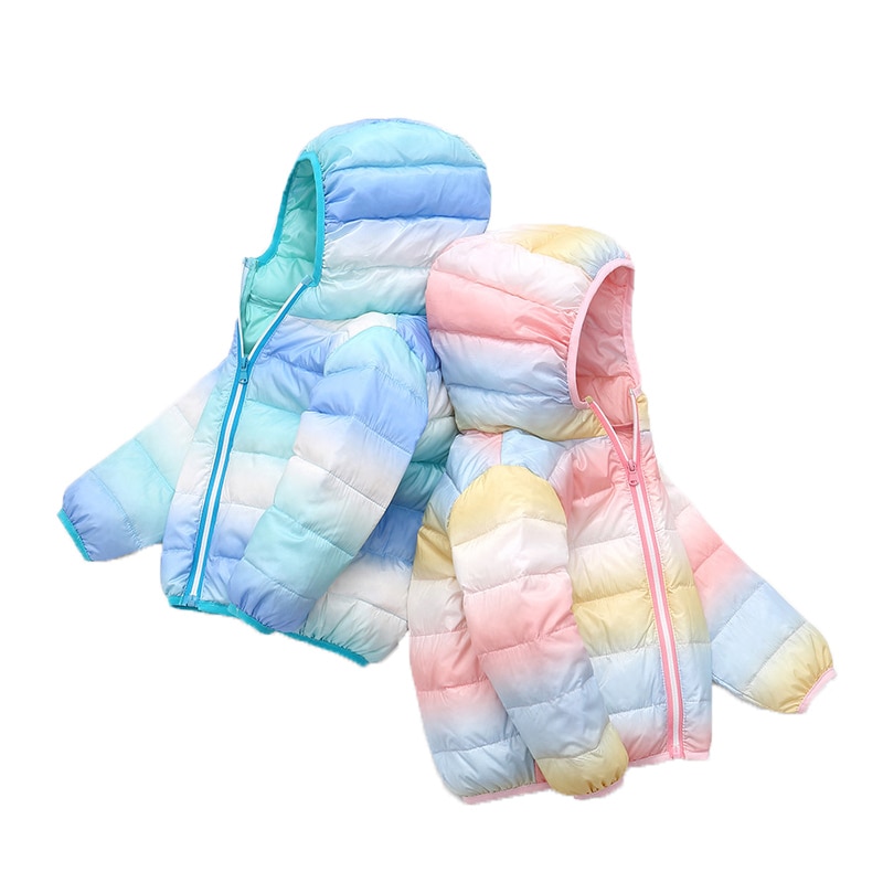 Kids Hooded Jassen Jongens Meisjes Winter Regenboog Kleuren Jas Baby Bovenkleding Voor Baby Warm Peuter Down Snowsuit 1-6years