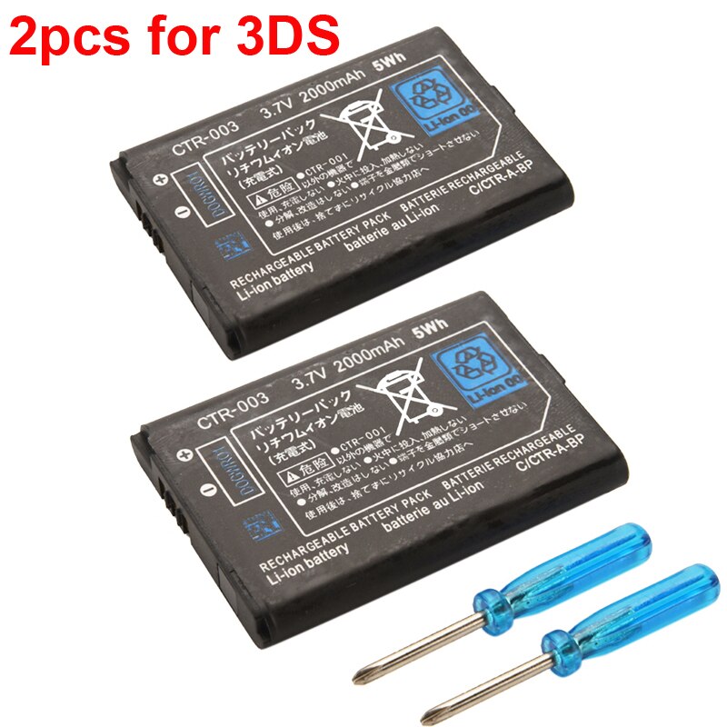 2 Stuks 2000Mah 3.7V Oplaadbare Li-Ion Batterij Pack Voor Nintendo 3DS Vervanging Batterijen Met Gereedschap Kit Pack Voor nintendo 3DS