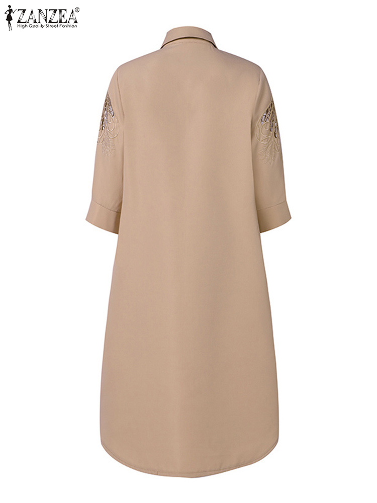 ZANZEA Casual Loose OL Work Shirt Dress Women Summer 3/4 Sleeve Lace Crochet Vestidos Sundress Buttons Down Robe Kaftan