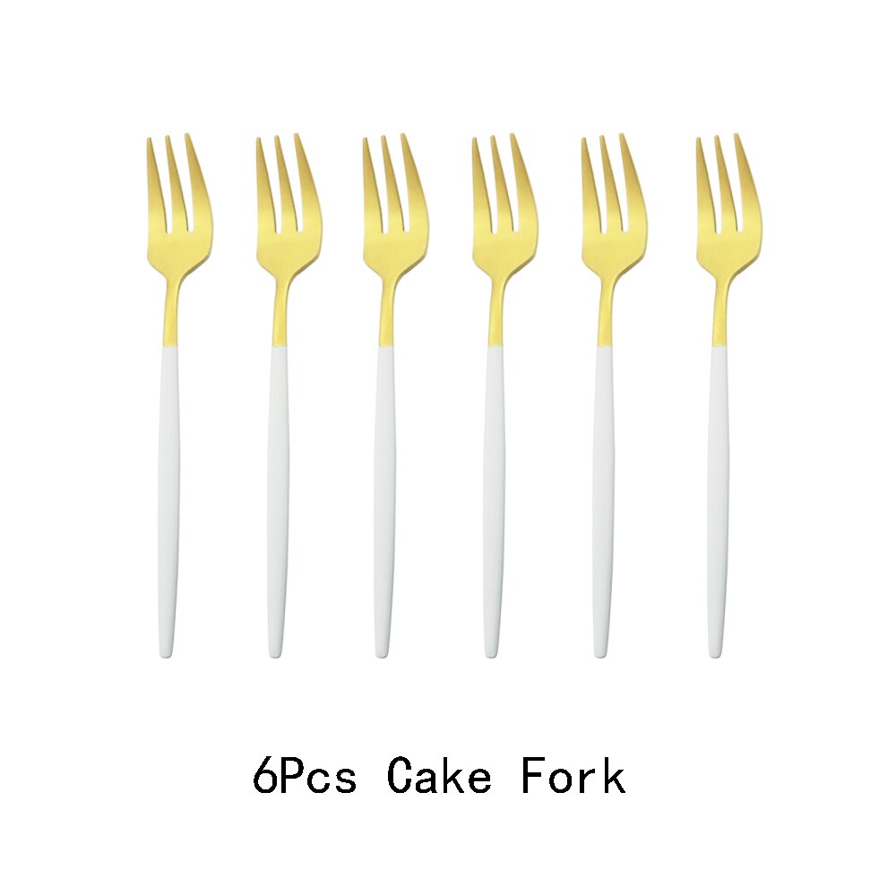 6Pcs Coloful Fork Set Tea Cake Snack Forks Dinnerware Cutlery Matte Stainless Steel Tableware Dessert Fruit Fork Silverware Set: White Gold