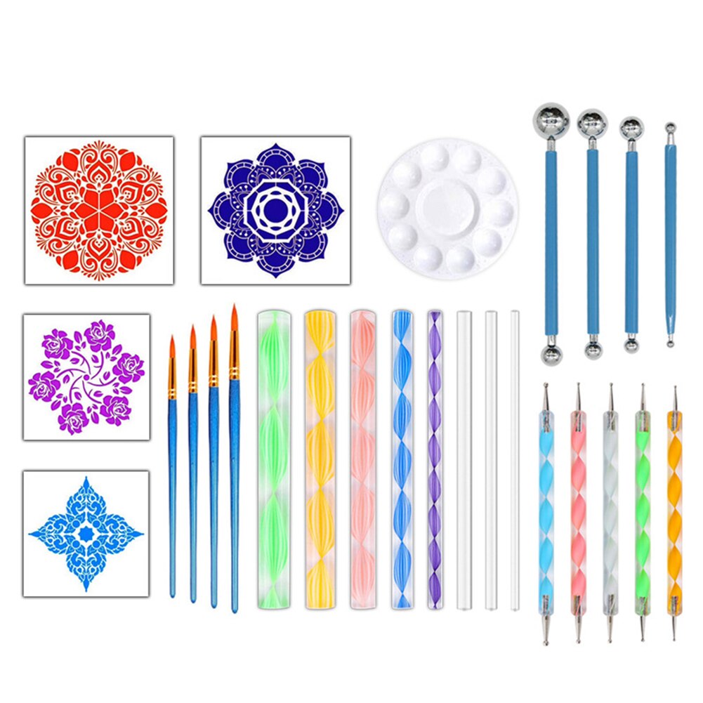 26 Uds. Para dibujo de rocas, arte de uñas, lienzo, pintura, herramientas de punteado, conjunto de dibujo, bolígrafo de cerámica DIY, bandeja de pintura con plantilla de Mandala