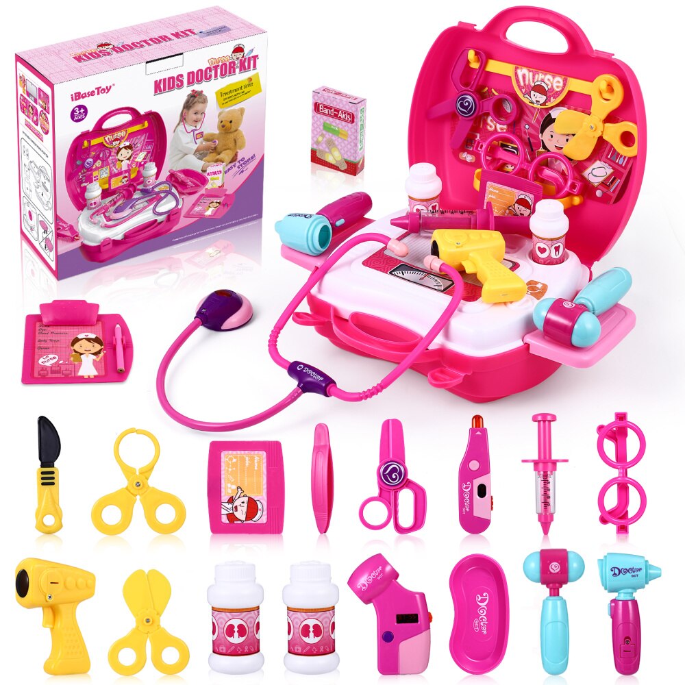 Ibasetoy Set Van 29Pcs Kids Tool Kit Pretend Play Rol Speelgoed Nurse Game Kit Voor Peuters Jongens En Meisjes (Rose Rood)