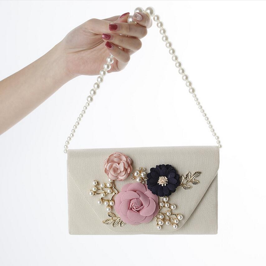 Håndlavede blomsteraftentasker bryllupskoblingstasker med perlekæde festtasker til damer  mn569: 1