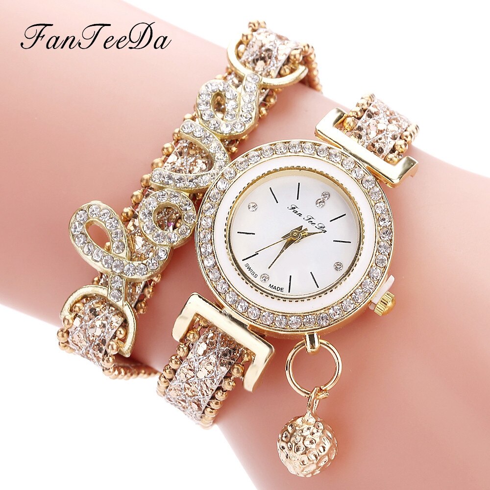 FanTeeDa Brand Luxe Vrouwen Horloge Horloges Liefde Woord Lederen Band Dames Armband Horloge Casual Quartz Horloge Klok