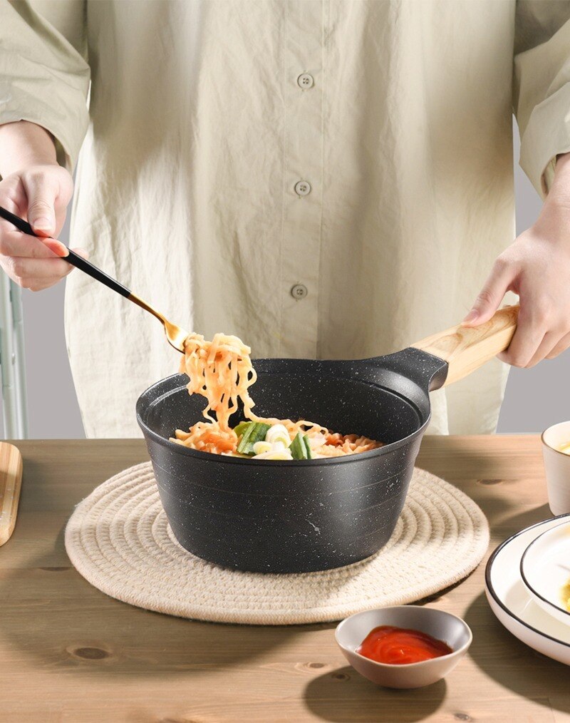 Casserole antiadhésive en granit, Pot à lait, Fondue, ustensiles de cuisine, poêle à soupe avec couvercle, poignée en bakélite, Induction en pierre Maifan 18cm