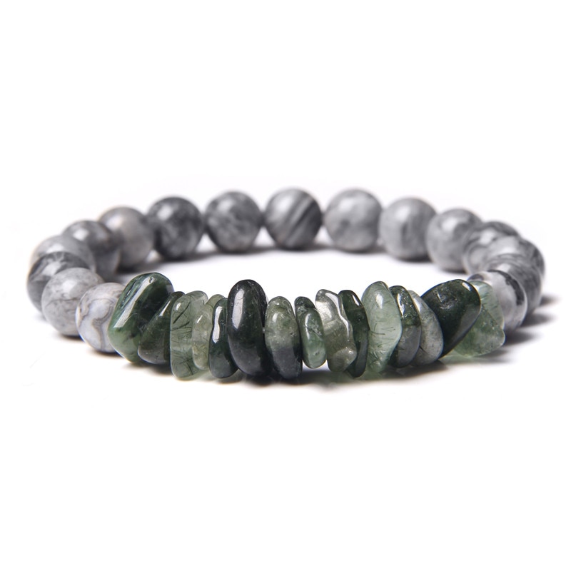 Gray map gem stone beaded bracelets for men women Lucky Green Rutilated Quartz crystal beads charm bracelet jewelry