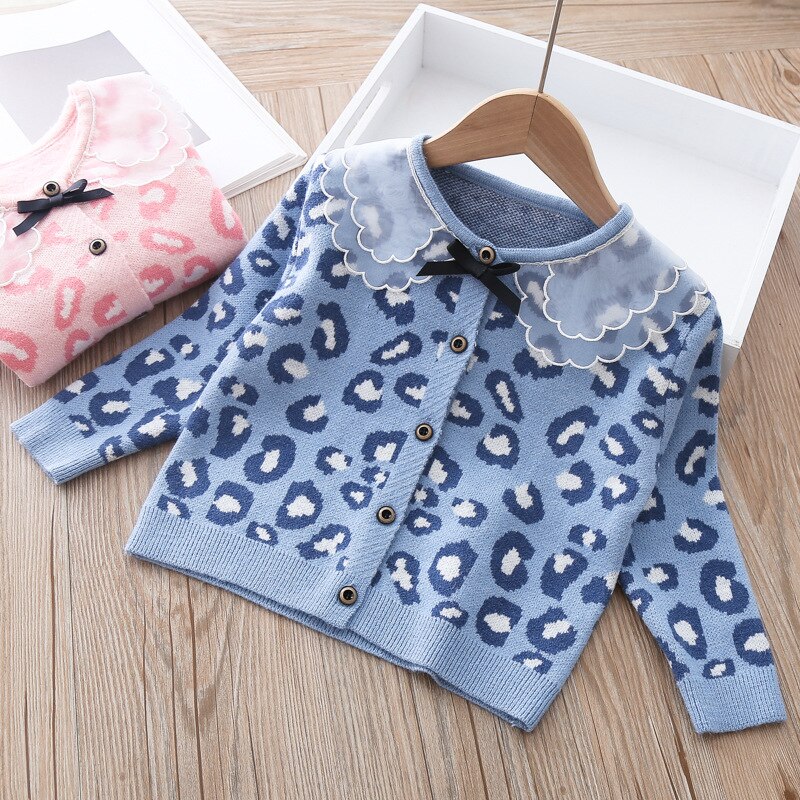 Del bambino Delle Ragazze del Cappotto di Modo di Autunno cardigan Del Leopardo Sveglio del lavorare a maglia Vestiti Dei Capretti Dei Bambini Giacca di Cotone Maglione di Lavoro A Maglia Dei Vestiti per La Ragazza
