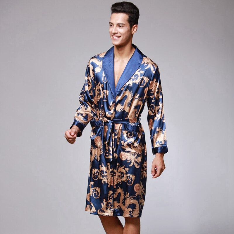 Albornoz de seda para hombre, Kimono de manga larga, pijama con estampado de Dragón de la suerte chino, ropa de dormir para el hogar
