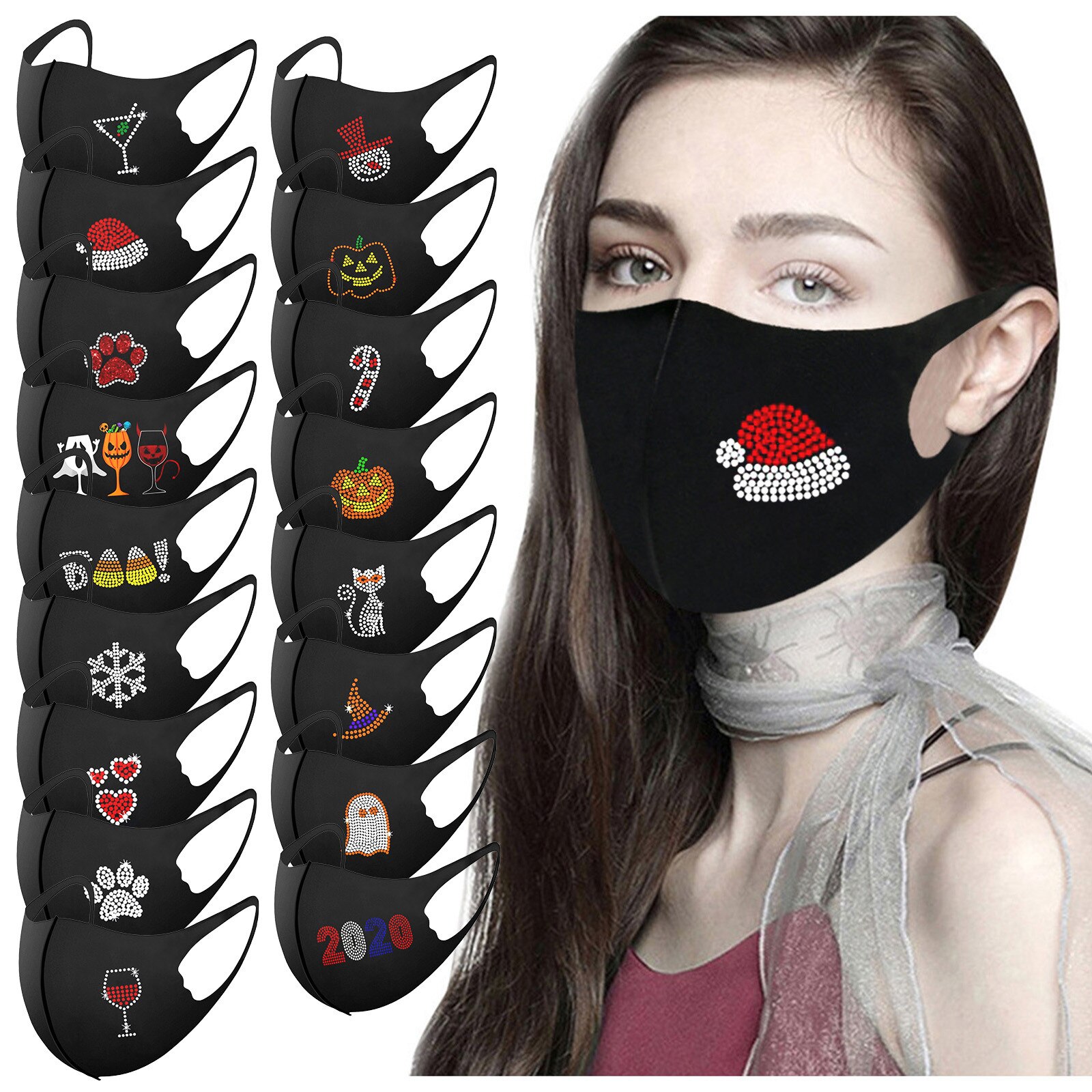 Mascarilla de cara de ciclista para adultos, máscaras de Navidad, con diamantes, reutilizables, para prevenir la contaminación, para exteriores