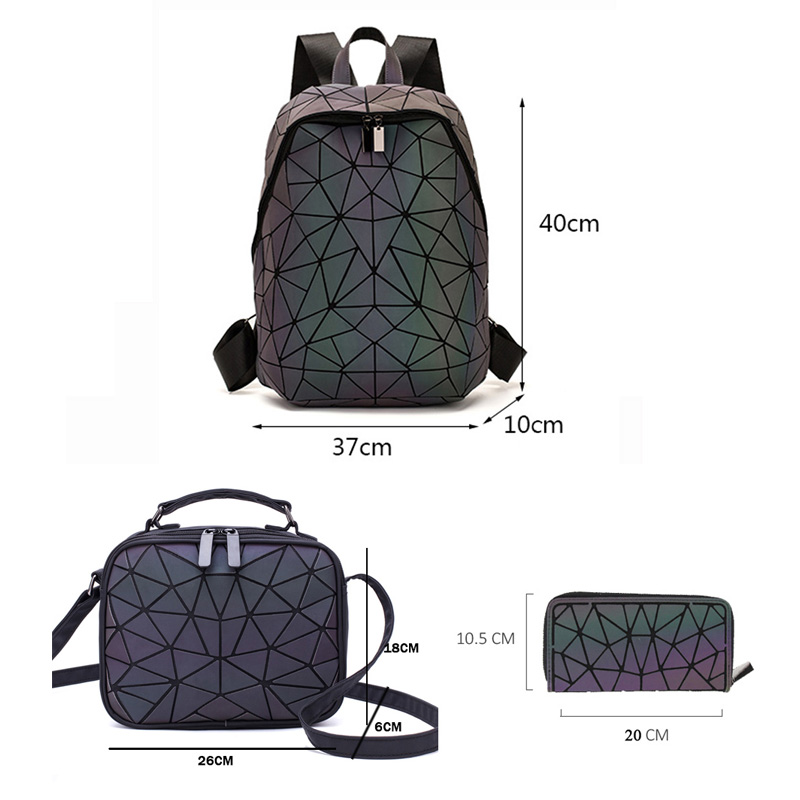 Kvinder rygsæk skole foldbar crossbody taske til damer clutch og pung geometrisk lysende laptop taske holografisk 3 stk sæt