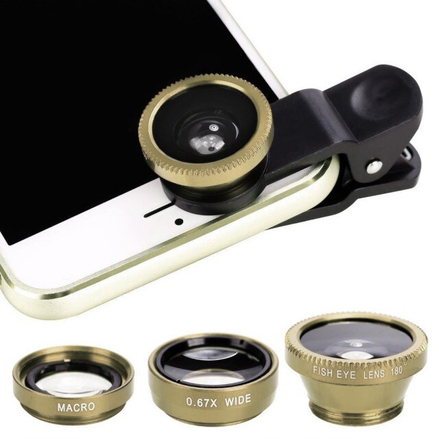 Kit de lentes de cámara de teléfono móvil 3 en 1, lente Macro de ojo de pez gran angular con Clip, externo, para IPhone, teléfono inteligente, General: gold
