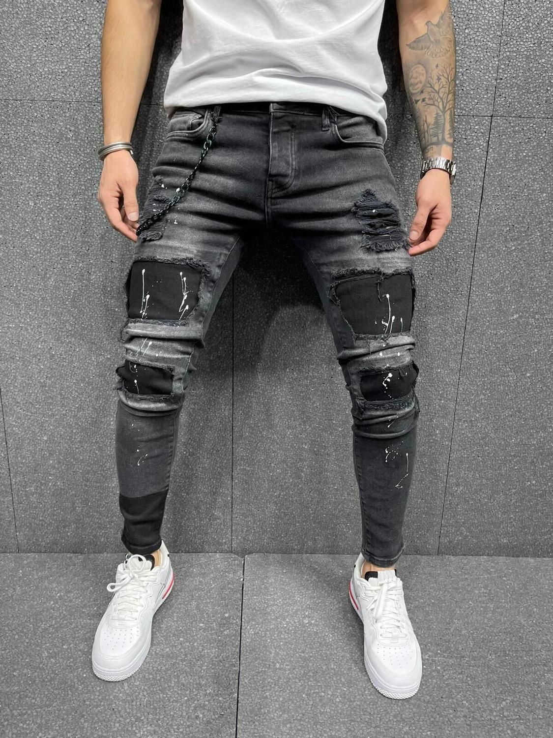 Men Ripped Skinny Jeans Male Hole Denim Pants Four Seasons Streetwear Cowboy Trousers Black Dating Hip-Hop Pants: XL